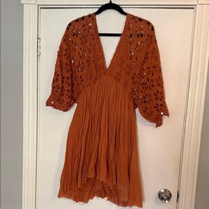 Free People Rust Eyelet V-Neck Mini Dress